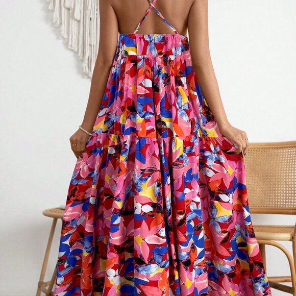 Red Boho Women's Vacation Floral Print Backless Dress - Picture 2 of 6